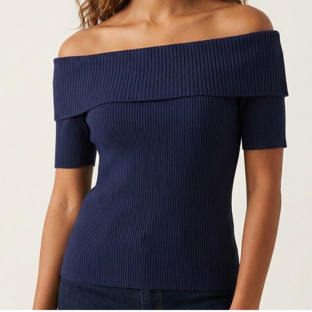 New York & Company 7th Ave Size XL Navy Blue Foldover Off Shoulder Ribbed Top